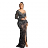 Black Long Sleeve Halter V-Neck Rhinestone Mesh Bodycon Long Dress