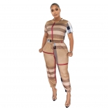 Khaki Printed Short Sleeve Fashion Women Jumpsuit