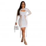 White Long Sleeve Low-Cut Bandage Lace-up Women Mini Dress