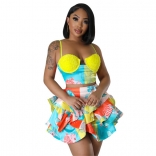 Yellow Halter Low-Cut Printed Sexy Skirt Dress
