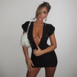 Black Sleeveless Deep V-Neck Pleated Mini Dress