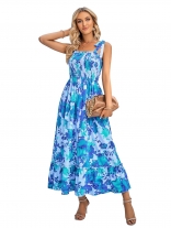 Blue Straps Printed Fashion Women Beach Street Skirt Dress