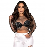 Black Long Sleeve Mesh Pearls Rhinestone Sexy Tops