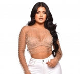 Beige Long Sleeve Mesh Pearls Rhinestone Sexy Tops