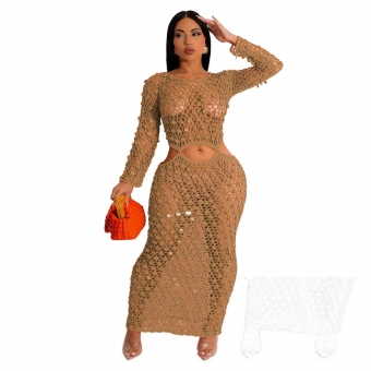 Long Sleeve Hollow-out Sequin Bodycon Midi Dress