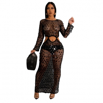 Black Long Sleeve Hollow-out Sequin Bodycon Midi Dress