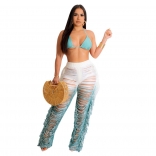 Blue Sleeveless Hollow-out Tassels Women Jumpsuit