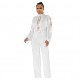 White Belt Lace Cut Out Fashion Women Long Sleeve Sexy Jumpsuit