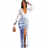 Blue Long Sleeve Deep V-Neck Printed Slit Women Maxi Dress