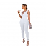 White Sleeveless V-Neck Zipper Bodycon Sexy Party Jumpsuit