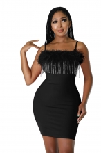 Black Boat-Neck Straps Rhinestone Tassels Feather Party Dress