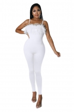 White Boat-Neck Halter Feather Rhinestone Tassels Jumpsuit