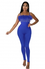 Blue Boat-Neck Halter Feather Rhinestone Tassels Jumpsuit