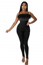 Black Boat-Neck Halter Feather Rhinestone Tassels Jumpsuit