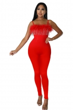 Red Boat-Neck Halter Feather Rhinestone Tassels Jumpsuit