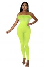 Green Boat-Neck Halter Feather Rhinestone Tassels Jumpsuit