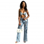 Blue Low-Cut Sexy Hollow-out Jeans Jumpsuit