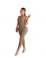 Khaki Halter Neck Cotton Backless Bodycon Sexy Jumpsuit