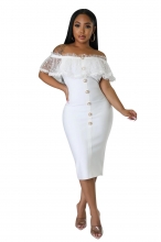 Off-Shoulder Mesh Lace Button Slim Midi Dress