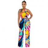 Yellow Sleeveless Halter Printed Fashion Women Jumpsuit