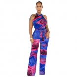 Blue Sleeveless Halter Printed Fashion Women Jumpsuit