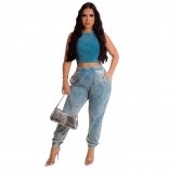 Blue Sleeveless Off Waist Top Elastic Waist Pencil Pants