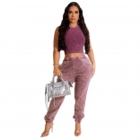 Purple Sleeveless Off Waist Top Elastic Waist Pencil Pants