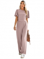 Pink Short Sleeve Hollow-out Lace Fashion Jumpsuit Sets