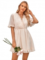 Beige Short Sleeve Mesh Chiffion Women Skirt Dress