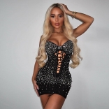 Black Off-Shoulder Bandage Lace-up Rhinestone Mini Dress