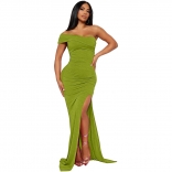 Green Irregular Off Shoulder Pleated Split Evening Dress