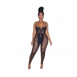 Black Irregular Grid Pattern mesh Patchwork Suspender Jumpsuit