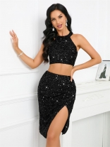 Black Two Piece Hanging Neck Irregular Hem Sexy Sequin Dress