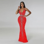 Red Rhinestone Cross Strap Floor-Length Gown Evening Dress
