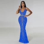 Blue Rhinestone Cross Strap Floor-Length Gown Evening Dress