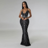 Black Rhinestone Cross Strap Floor-Length Gown Evening Dress