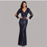 RoyalBlue Long Sleeve Sequin Fashion Women Party Fish Tail Evening Dress