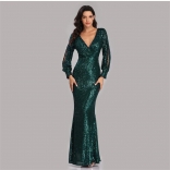 DarkGreen Long Sleeve Sequin Fashion Women Party Fish Tail Evening Dress