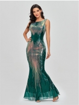 Green Sleeveless Round Neck Mesh Sequin Elegant Party Long Dress