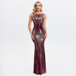 Red Sleeveless Round Neck Mesh Sequin Elegant Party Long Dress