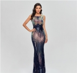 Blue Sleeveless Round Neck Mesh Sequin Elegant Party Long Dress