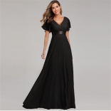 Black Double V-neck Flared Elastic Chiffon Banquet Evening Dress