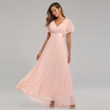 Pink Double V-neck Flared Elastic Chiffon Banquet Evening Dress