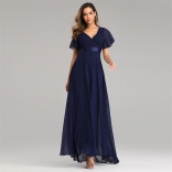 RoyalBlue Double V-neck Flared Elastic Chiffon Banquet Evening Dress