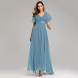 LightBlue Double V-neck Flared Elastic Chiffon Banquet Evening Dress