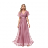 LightPink Double V-neck Flared Elastic Chiffon Banquet Evening Dress