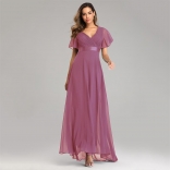 PinkRed Double V-neck Flared Elastic Chiffon Banquet Evening Dress