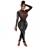 Black Long Sleeve Mesh Rhinestone Sexy Bodycon Jumpsuit