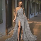 Grey Oblique Shoulder Split Sequin Strap Evening Long Dress
