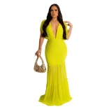 Yellow Deep V-Neck Pleated Sleeveless Long Dress